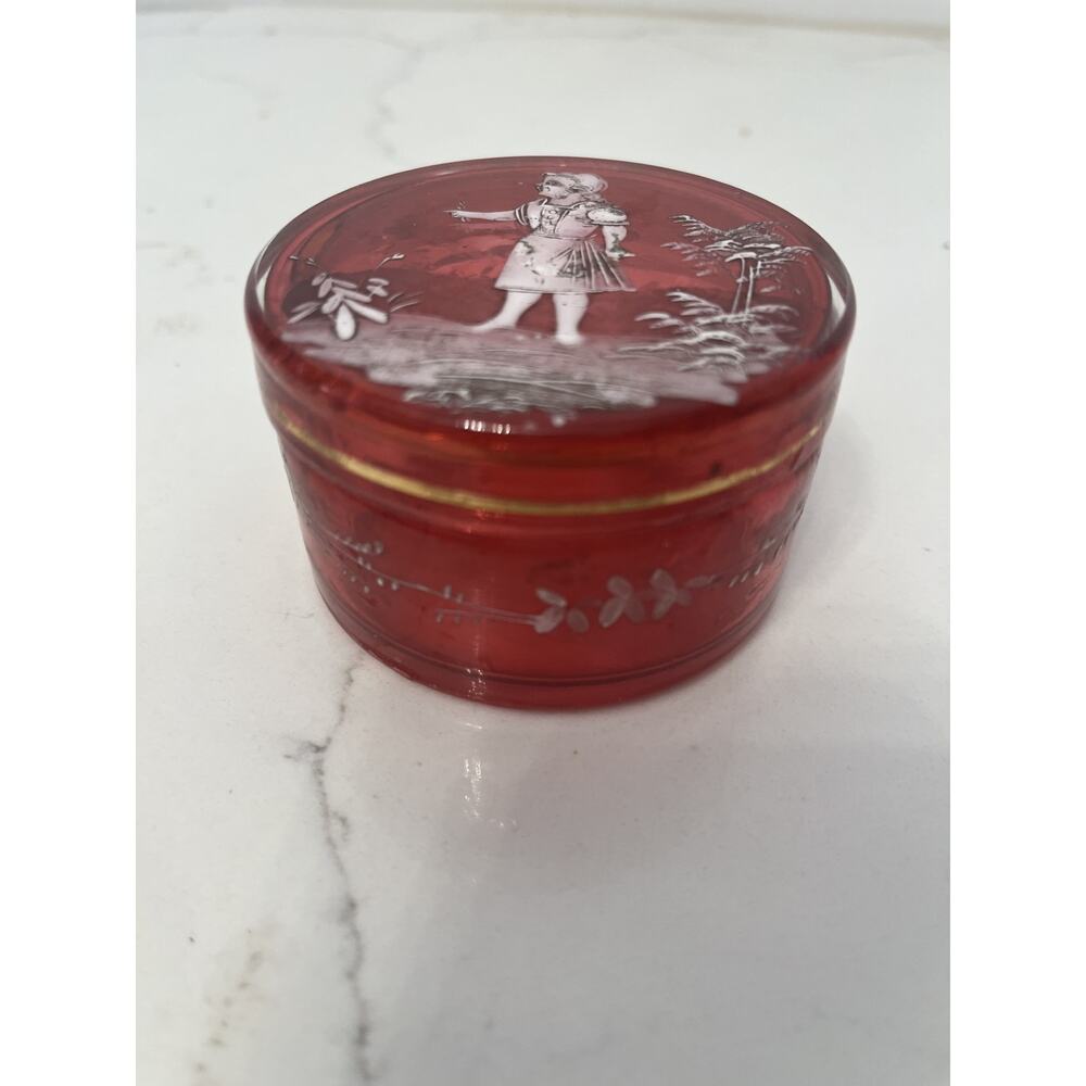 Victorian Enameled Ruby Glass Mary Gregory Rose Antique Trinket Box Rare